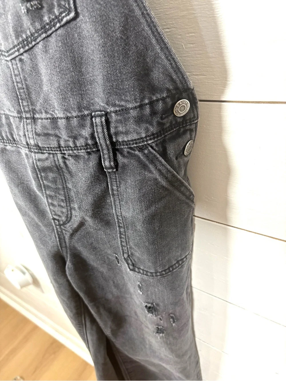 Old Navy Girls XL 14 Black Distressed Denim Overalls Raw Hem Grunge